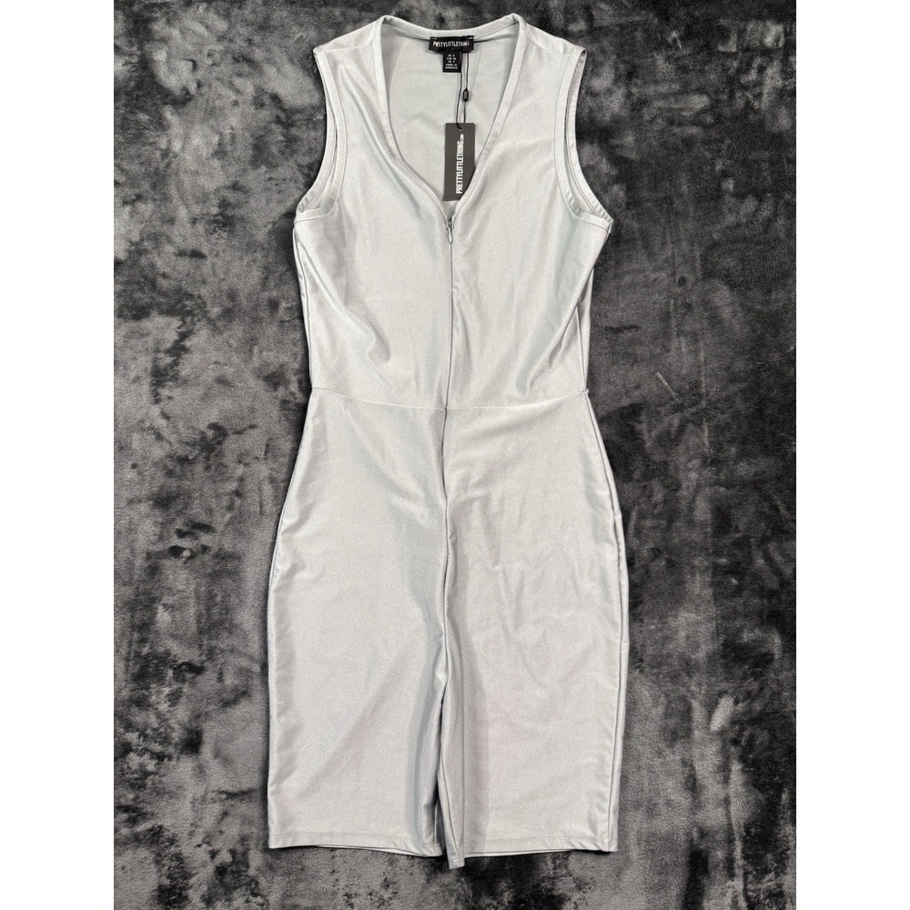 NWT PrettyLittleThing Women's US 4 Silver Metallic Zip Front Unitard Jumpsuit
